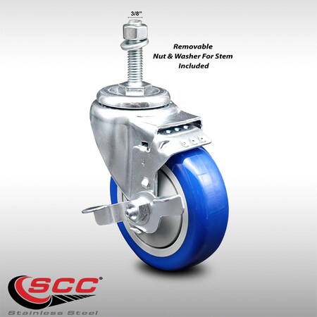 Service Caster 4 Inch SS Blue Polyurethane Swivel 3/8 Inch Threaded Stem Caster with Brake SCC SCC-SSTS20S414-PPUB-BLUE-TLB-381615